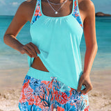 Tankini Top Sem Mangas Calções Impressos