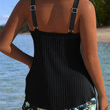 Tankini Listrado de Duas Peças com Calções de Banho
