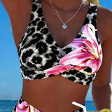 Biquíni Leopardo Impressão Floral Cor de Contraste