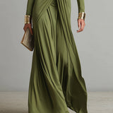 Vanessa - Vestido maxi em seda verde-oliva com decote em V