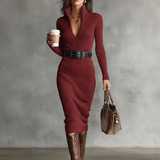 Júlia - Vestido de malha midi com decote em V e corte justo