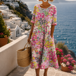 Midi Sommerkleid Damen | Buntes Blumenmuster & Entspannter A-Linien-Schnitt