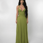 Verdant Maxi Dress by Lauven featuring a lace bodice and pleated skirt in rich olive green.