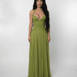 Verdant Maxi Dress by Lauven featuring a lace bodice and pleated skirt in rich olive green.