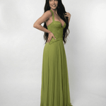 Verdant Maxi Dress by Lauven, featuring a lace bodice and pleated skirt in rich olive green.