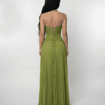 Back view of Verdant Maxi Dress by Lauven, featuring a lace bodice and flowing pleated skirt in olive green.