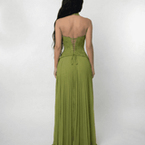 Back view of Verdant Maxi Dress by Lauven, featuring a lace bodice and flowing pleated skirt in olive green.