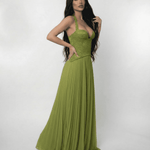 Lauven Verdant Maxi Dress featuring a lace bodice and pleated skirt in rich olive green.