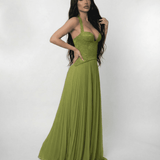 Lauven Verdant Maxi Dress featuring a lace bodice and pleated skirt in rich olive green.