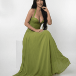 Lauven Verdant Maxi Dress featuring lace bodice and pleated skirt in rich olive green, perfect for formal occasions.
