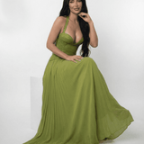 Lauven Verdant Maxi Dress featuring lace bodice and pleated skirt in rich olive green, perfect for formal occasions.