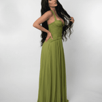 Lauven Verdant Maxi Dress featuring a lace bodice and pleated olive green skirt, ideal for elegant occasions.