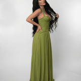 Lauven Verdant Maxi Dress featuring a lace bodice and pleated olive green skirt, ideal for elegant occasions.