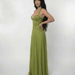 Verdant Maxi Dress by Lauven featuring a lace bodice and flowing pleated skirt in a rich olive green tone.