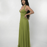 Verdant Maxi Dress by Lauven featuring a lace bodice and flowing pleated skirt in a rich olive green tone.